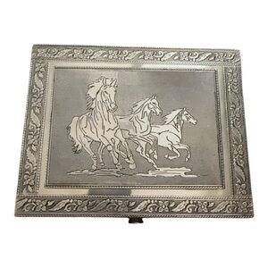 Vintage Silver Tone Embossed Horse Jewelry Box Western Equestrian Decor